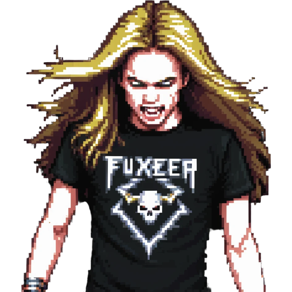 A person headbanging with long hair, wearing a metal band t-shirt emoji
