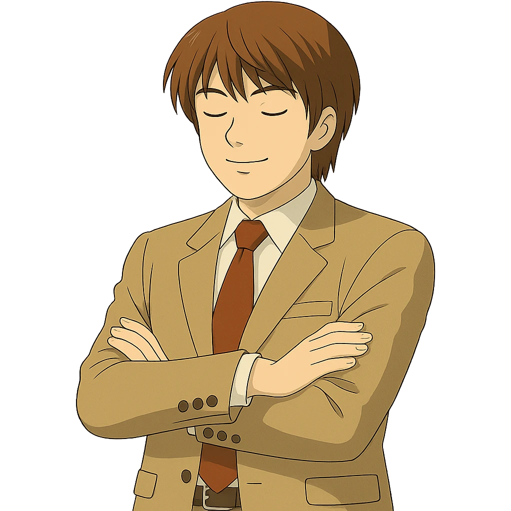 Create an exact Light Yagami in Ghibli style, standing with arms crossed and eyes closed, wearing the same suit, same pose, and same confident expression. Match the face, hair, and suit details exactly to the reference image. Transparent background. emoji