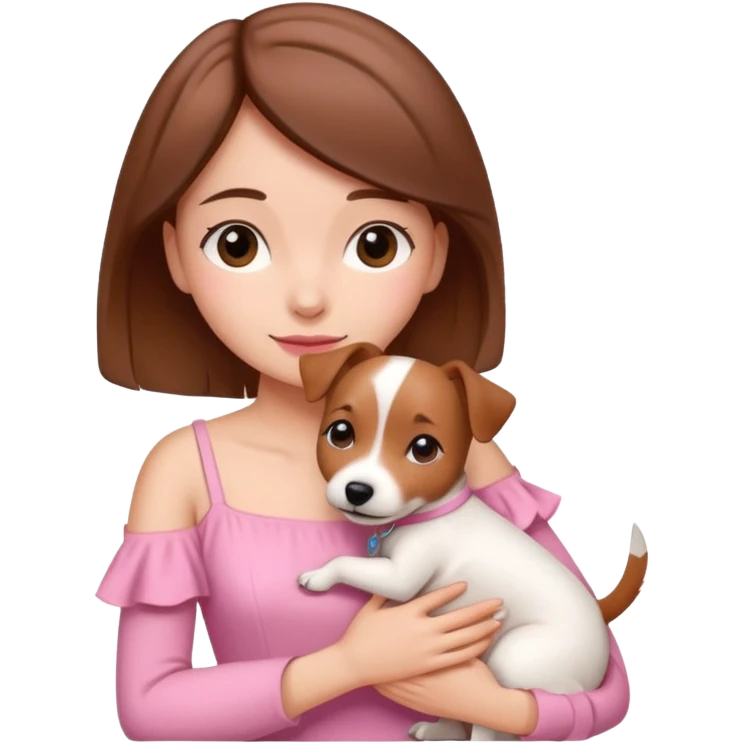 Joven mujer pelo marron vestida de rosado abrazando a su perro color beige crema que es un estilo de jack russel emoji