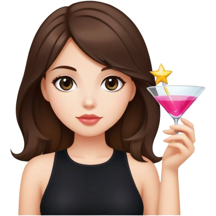 brunette hair down girl black top holding a cosmo emoji