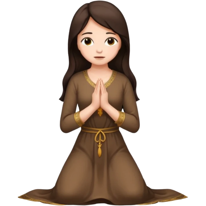 woman kneeling and praying, long dress, long dark brown hair emoji