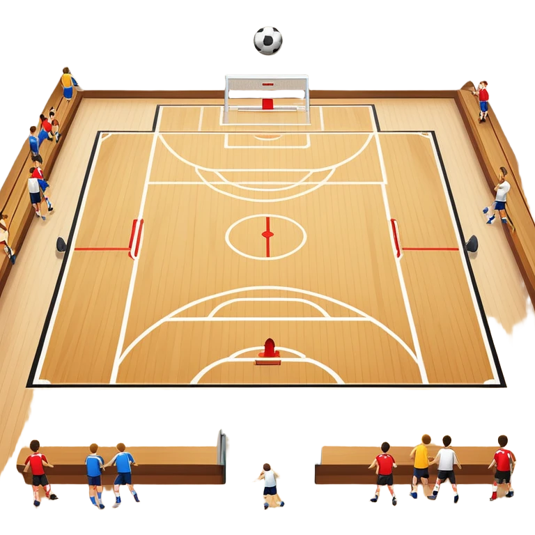 A mini-football match in an indoor sports hall with a wooden floor and clear court markings. The scene captures players in action, with the ball moving towards the goal, and the surrounding bleachers and overhead lights adding to the atmosphere of a competitive game. emoji