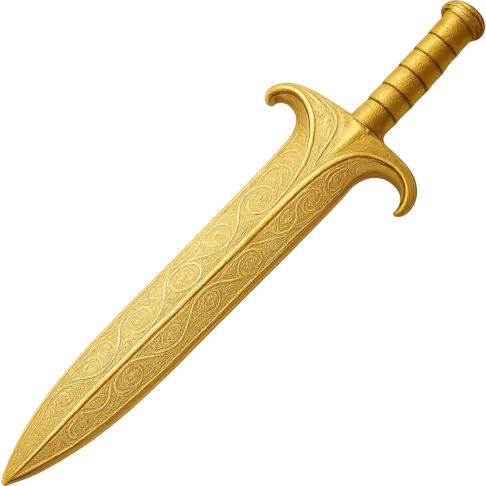 Recolor this weapon to a plated gold color with ornate engravings inlaid with silver. The gold should be rich and metallic, and the engravings should have a bright, reflective silver finish. Transparent background. emoji