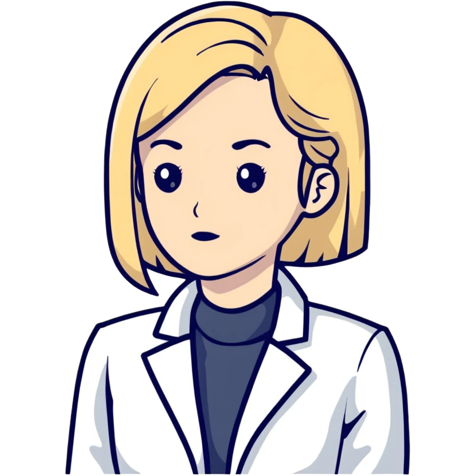 A blonde kinesiologist woman with a thinking face, wearing a white coat, considering therapy options emoji