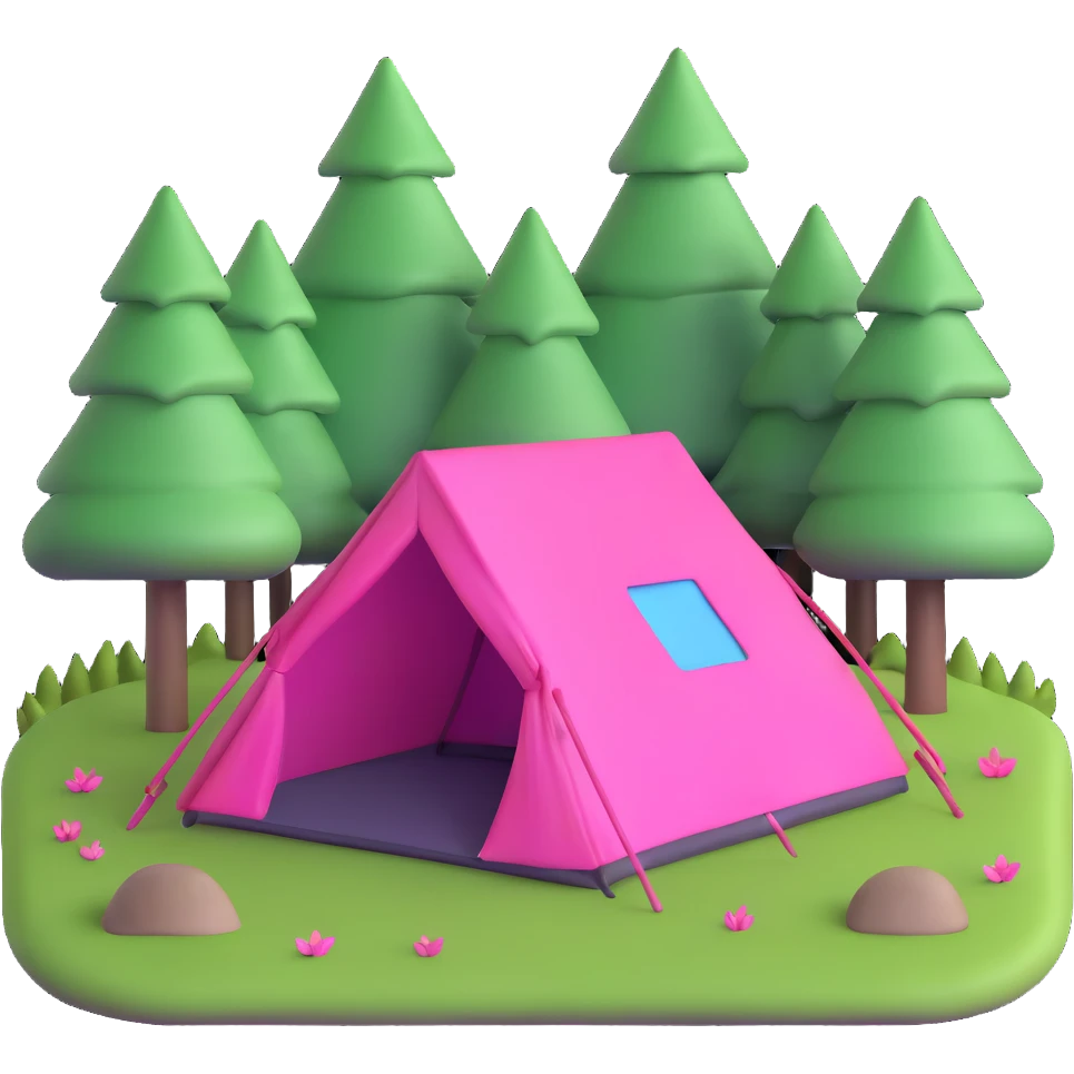 bright pink tent in a forest clearing with grass emoji