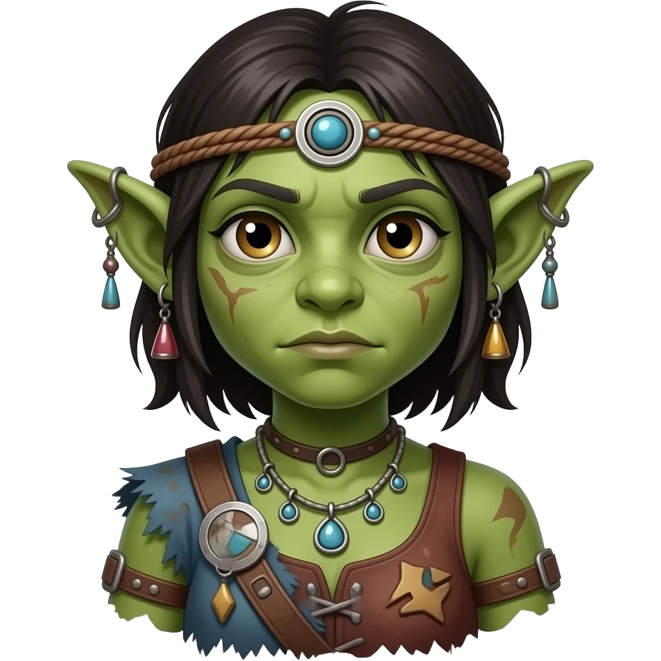 Rennaisance faire Green skin Goblin girl with junk trinkets poor emoji