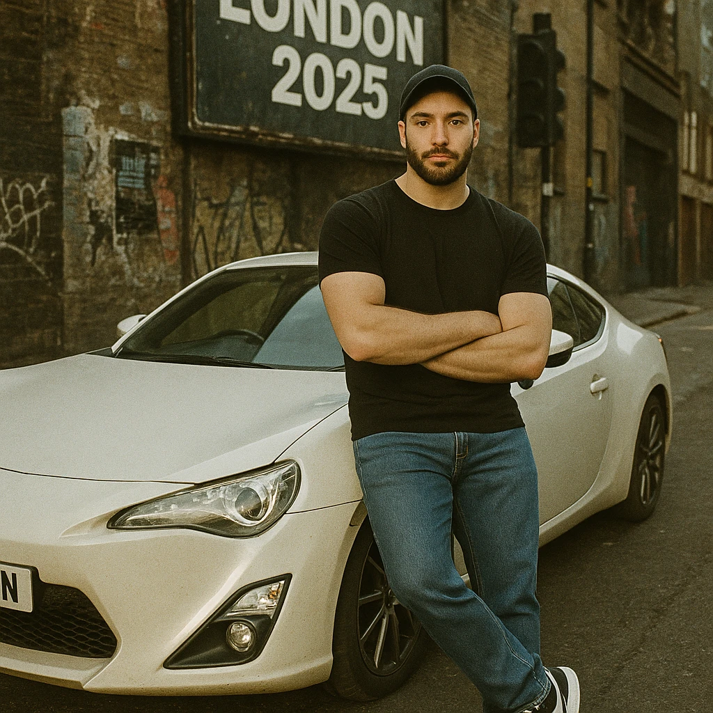 Grunge-style analog photo, London 2025, person inspired by the new reference image leaning against a Nissan GT 86, model pose, black t-shirt, jeans, Nike Air Jordan low, using flash, urban background, analog grain, 3/8. emoji