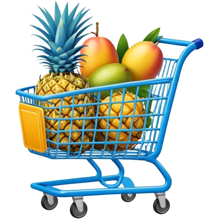pineapples, mango and passion fruit in a blue Shopping cart  emoji