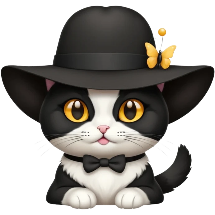 Chat blanc avec des tâches noir en costume, neud papillon et chapeau. emoji