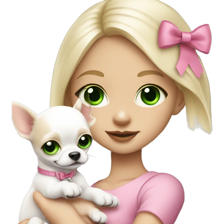 pale blond girl with long platinum hair with green eyes holding a white chihuahua puppy that wearing a pink bow emoji