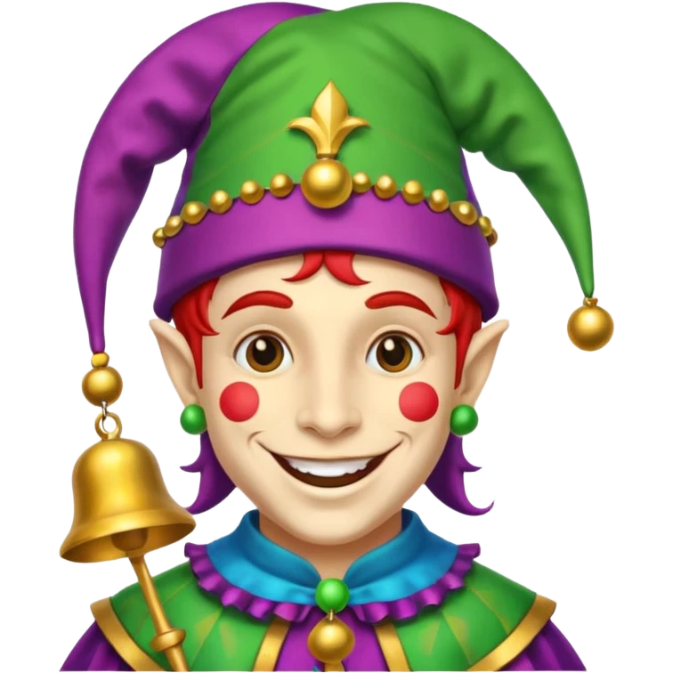 Jester – Smiling trickster with colorful hat and bells emoji