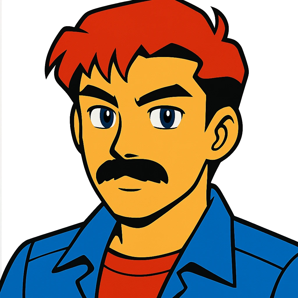 asian man with black mustache and red hair, 90's anime style, vibrant toon style emoji