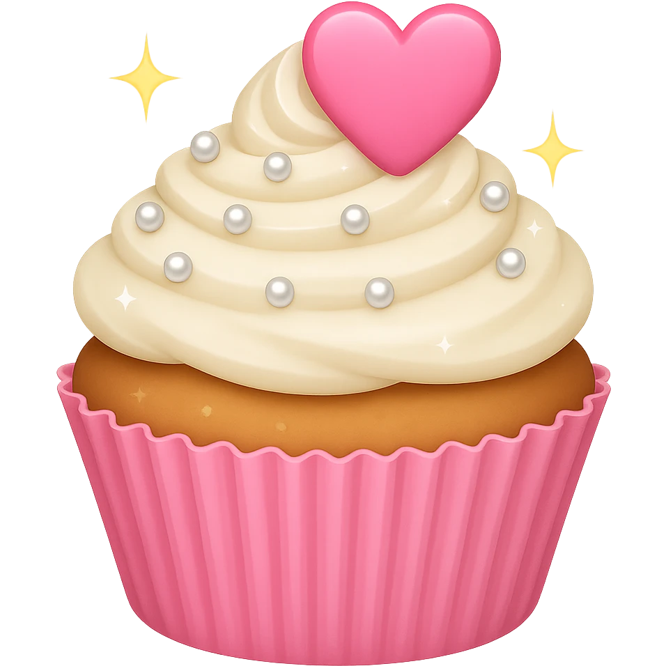 Make the cupcake pink with pearls and sparkles in emoji style. Remove the background. The style should resemble apple style emojis with a clean and concise look. emoji