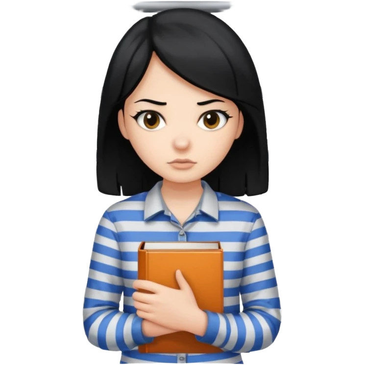 girl with black hair behind bars holding a book, casual shirt top emoji