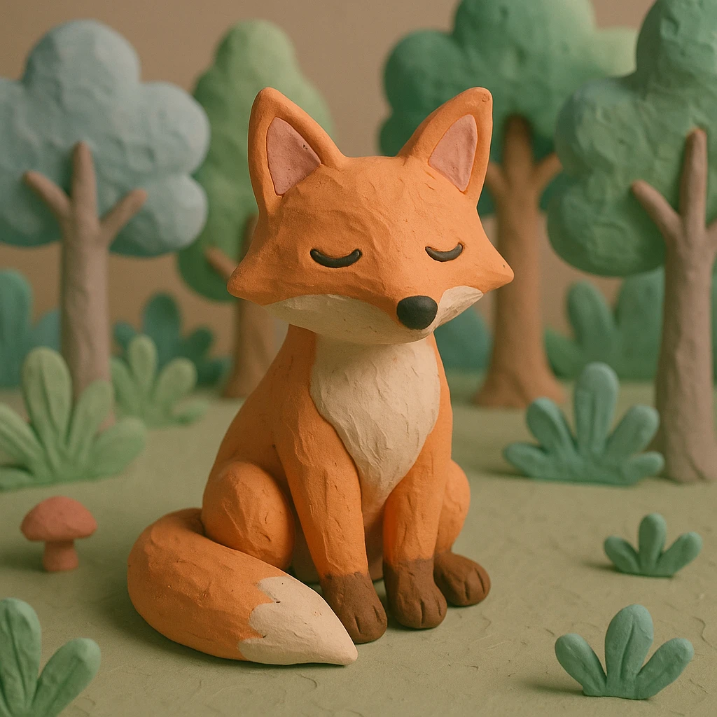 fox sitting in a forest, pastel colors, visible fingerprints, playful and textured, claymation style emoji