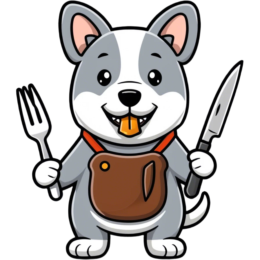 Dog eating a steak with knife and fork emoji