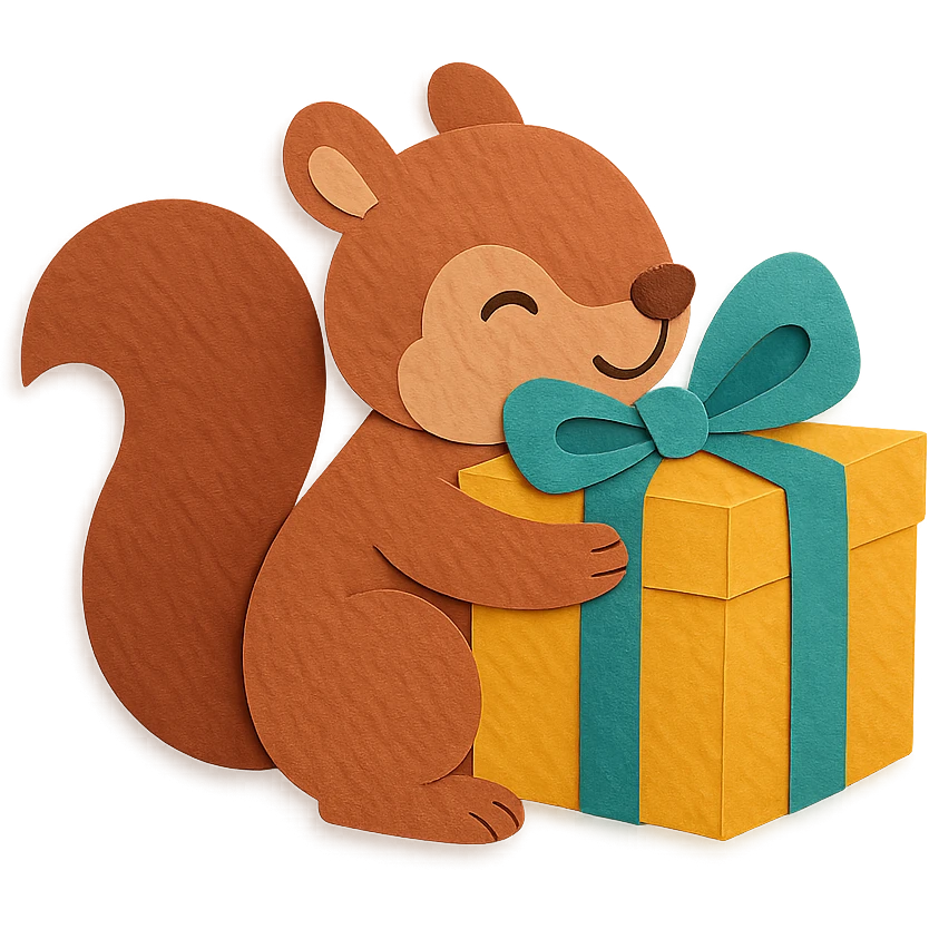 squirrel hugging a big gift box with bow, paper-craft style emoji