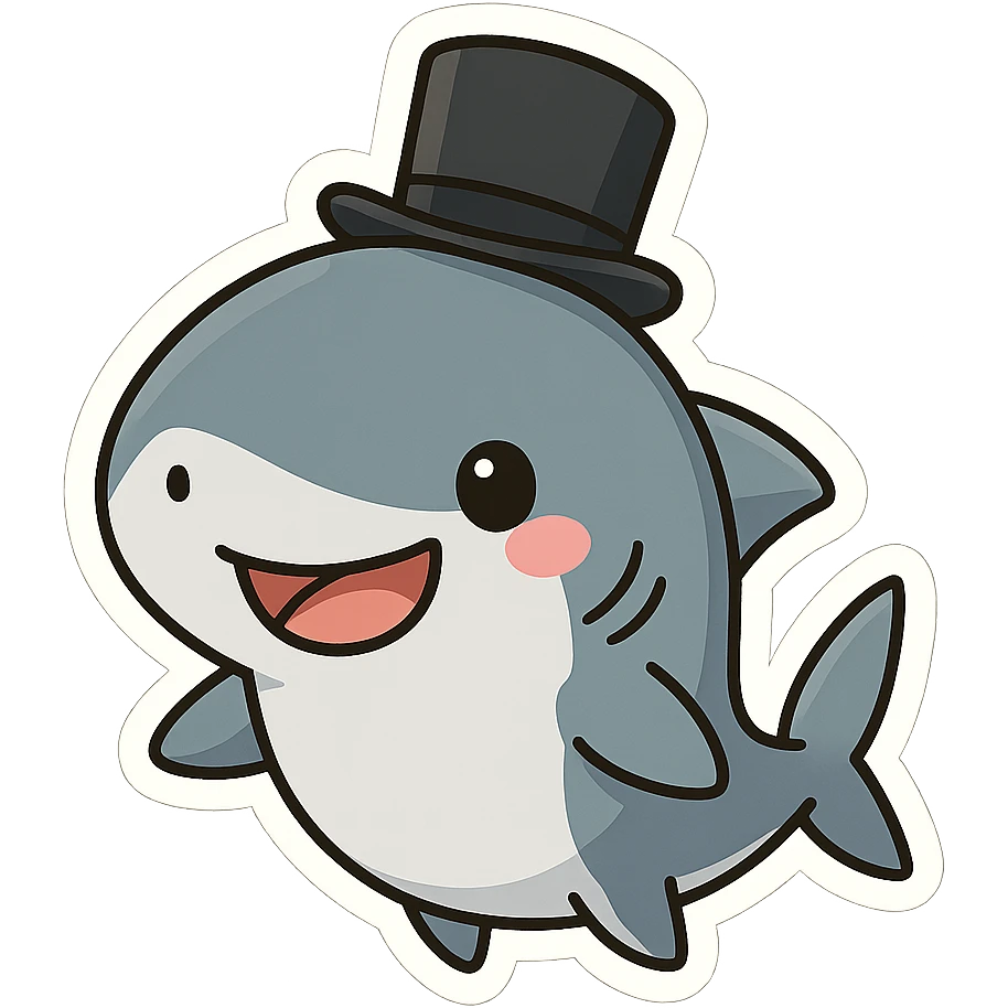 a cute cartoon shark with a black top hat, smiling emoji