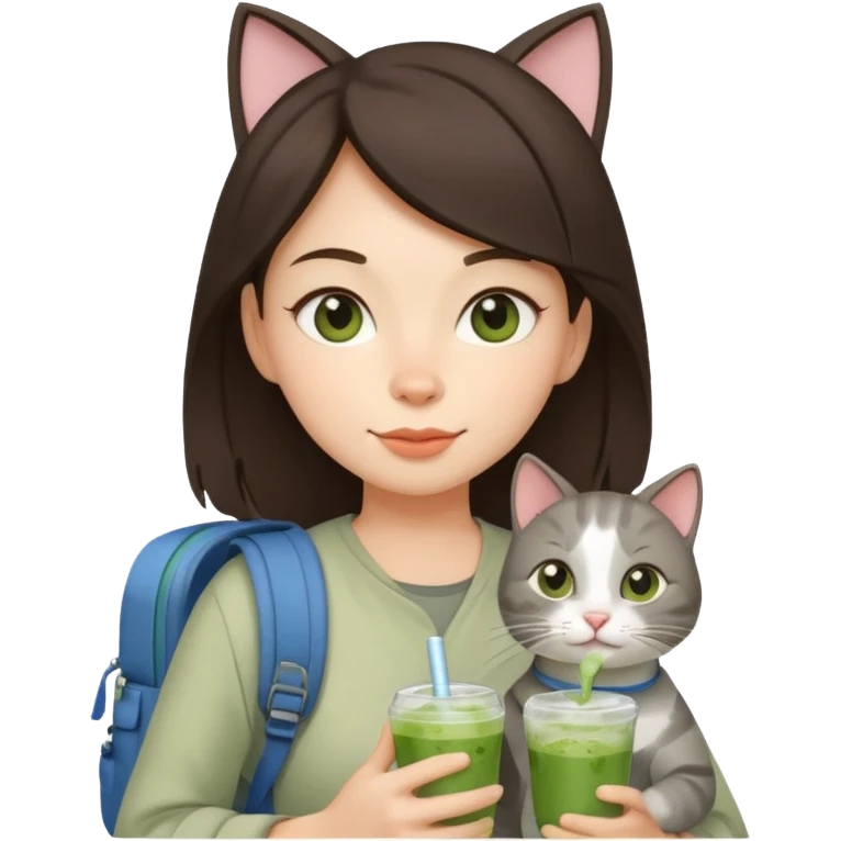 a brunette woman in here 30S drinking an iced matcha, carrying a grey cat and a map of the world emoji