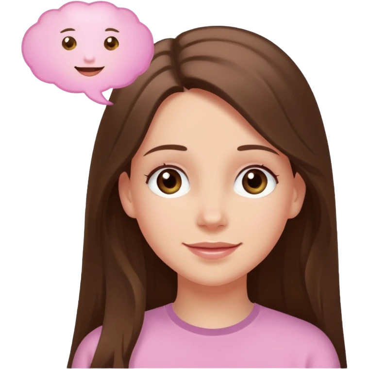 happy white long brunette hair girl with hazel eyes in light pink with a thought bubble emoji