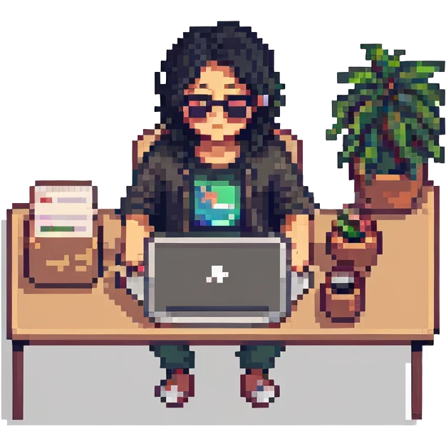 Asian freelancer with black hair and sunglasses, working at a laptop, pixel art style emoji