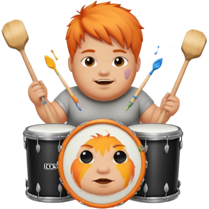 A chubby orange hair fan pounding a bass drum, cheeks puffing with energy with paints on his cheeks emoji