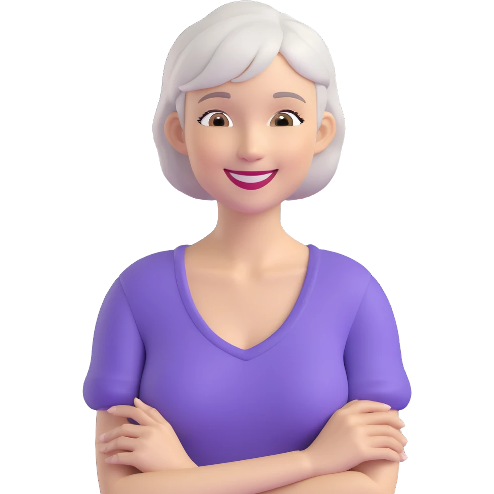 emoji of a slim woman with very short gray-blond hair, smiling emoji