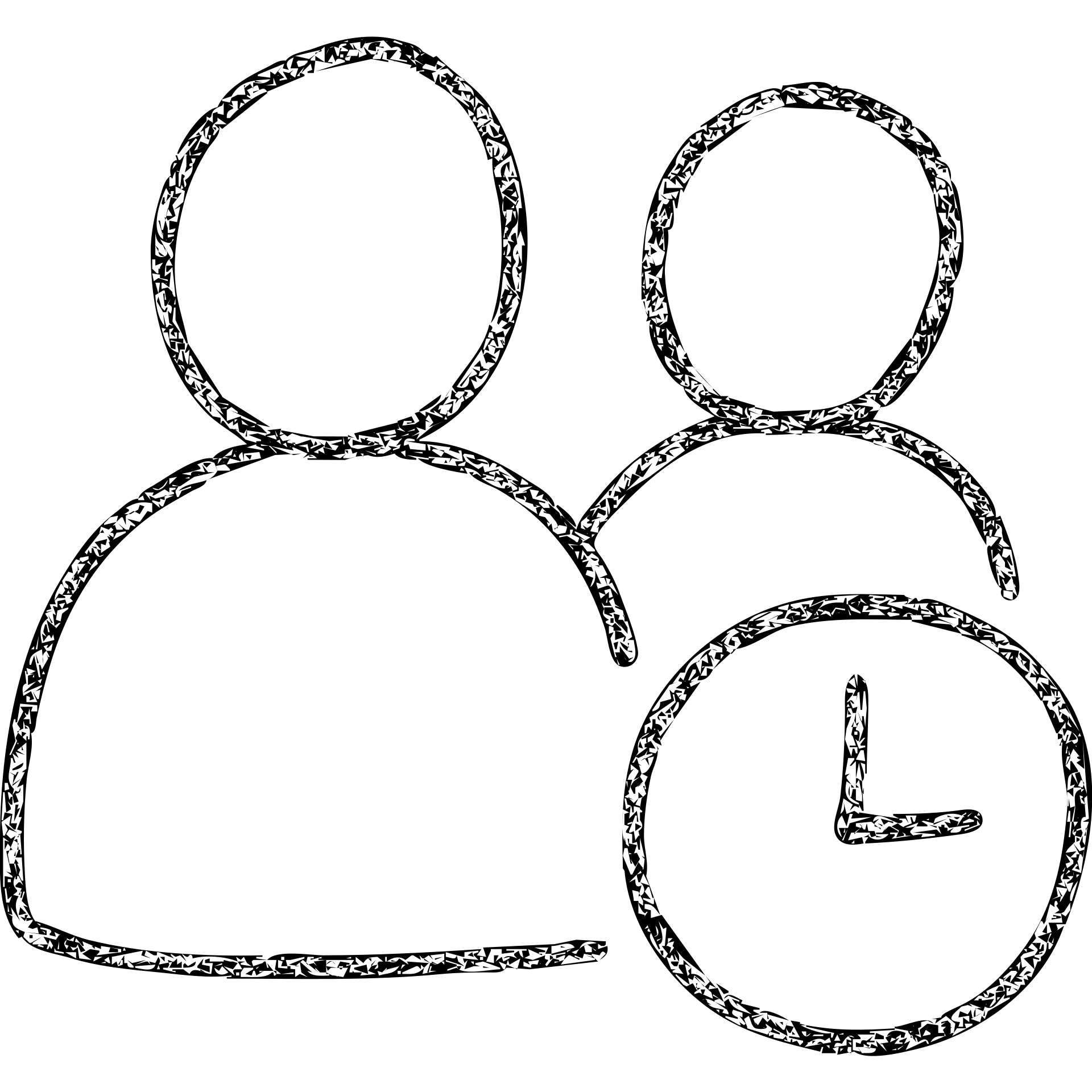 ultra-minimalist hand-drawn outlined icon of two figures with a small time symbol, worn and distressed style emoji