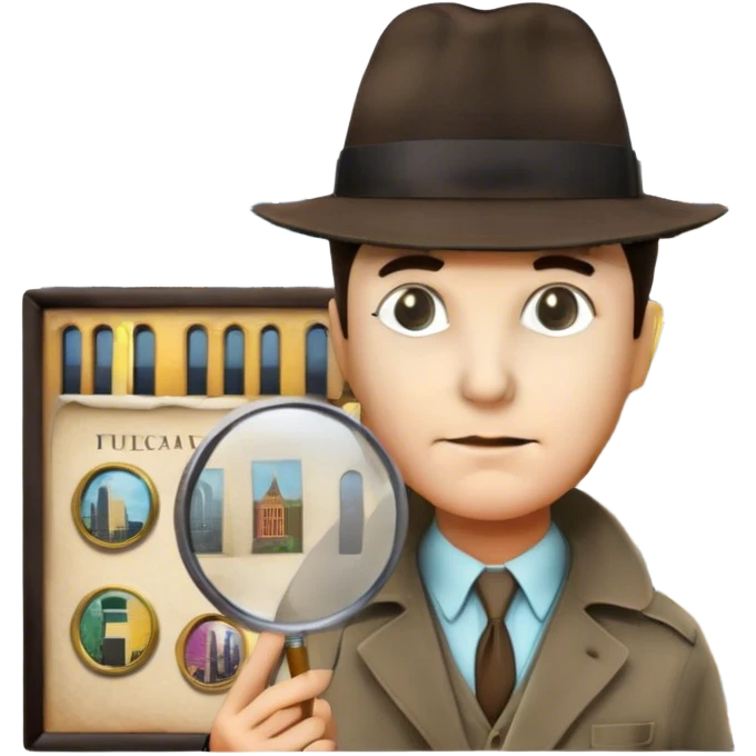 A colorful collage featuring iconic detective elements—magnifying glass, a fedora hat, a cigarette, a shadowy figure, and a mysterious city backdrop, a board with photos of suspects. Include subtle clues like fingerprints or a crime scene. Retro movie poster style. Transparent background. emoji