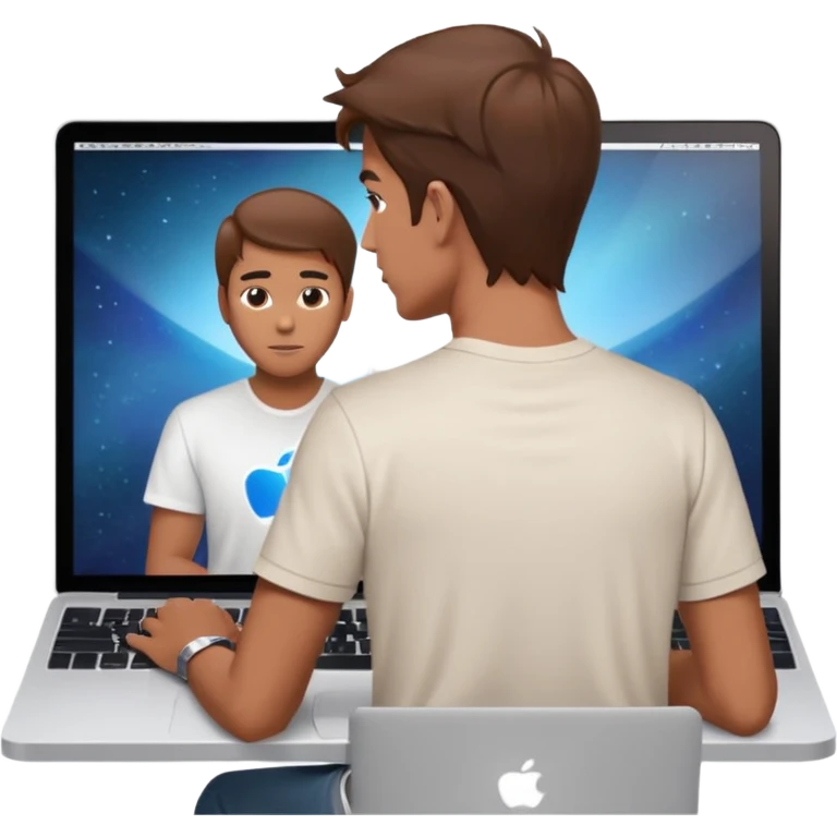 A man seen from behind, with detailed, well-lit hair. He is sitting in front of an open MacBook on a desk. On the MacBook screen, the Instagram logo is clearly visible and glowing.  emoji