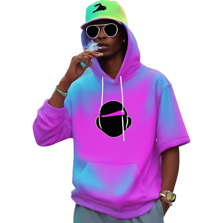 Multicoloured neon Vaporwave person smoking wearing hoodie dancing hip hop bucket hat tropical Skater fashion aesthetic baggy clothes graphic t shirt 420 emoji