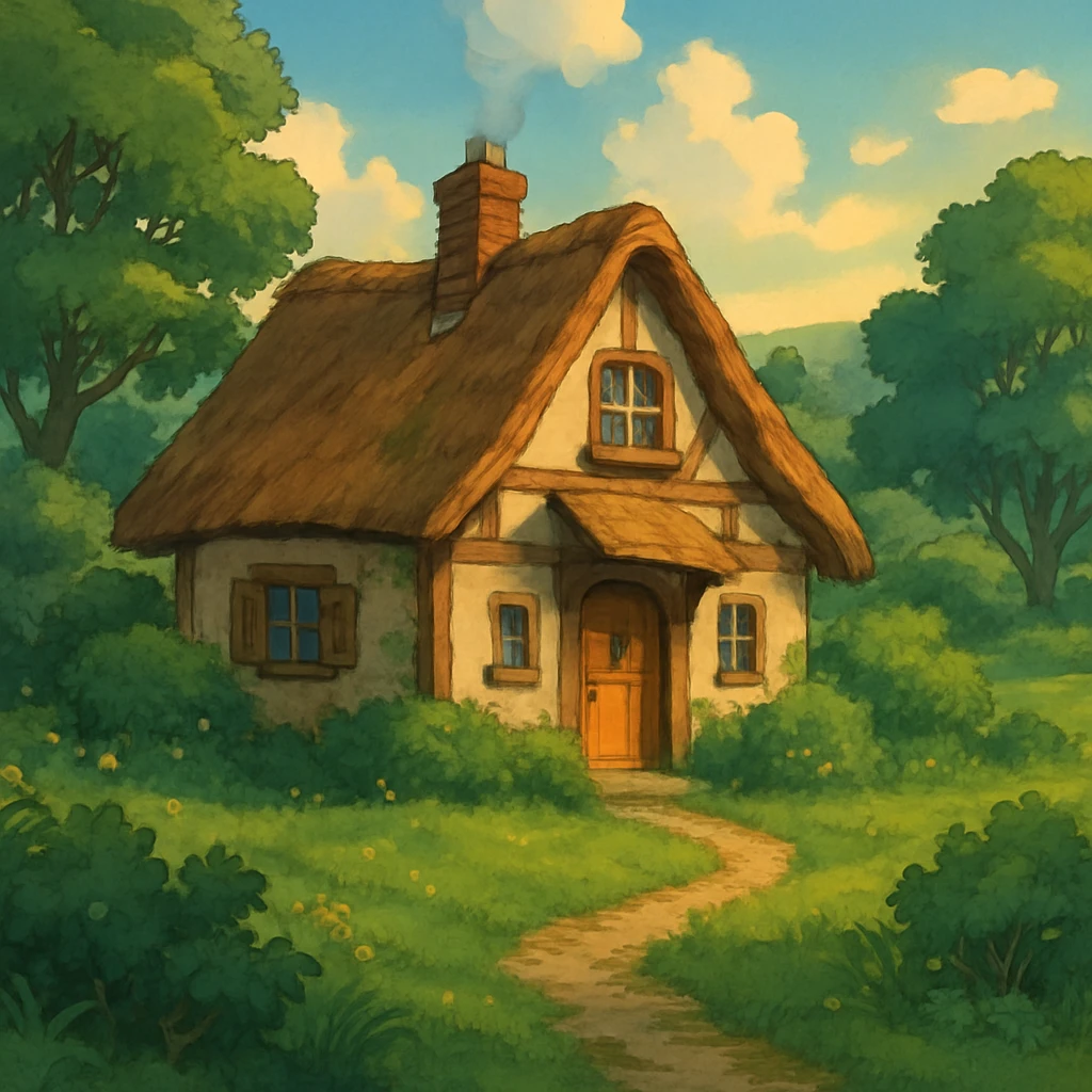 cozy cottage in a lush landscape with gentle lighting in ghibli style emoji