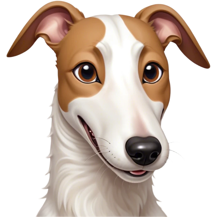 Cinematic Comical White and Brown Greyhound Portrait Emoji, Head tilted dramatically with an exaggeratedly amused expression, featuring a striking white Fur with dynamic brown accents, wide, expressive eyes filled with playful disbelief, Simplified yet hilariously expressive features, highly detailed, glowing with a slightly sassy glow, high shine, dramatic yet playful, stylized with an air of cheeky mischief, bright and endearing, soft glowing outline, capturing the essence of a spirited and over-the-top racer, so meme-worthy it feels like it could side-eye its way into internet fame instantly! emoji