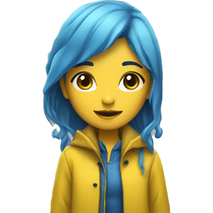Girl with blue hair,black button eyes,a yellow rain coat,yellow boots emoji