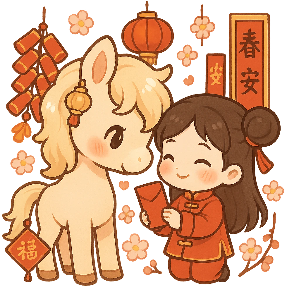 cute chibi style pony with soft brown fur and creamy mane, wearing a golden small lantern hair accessory, interacting affectionately with a little girl dressed in a bright red Tang suit holding a red envelope, pony's tail decorated with a red 'Fu' character hanging ornament, surrounded by Chinese New Year decorations including firecrackers, lanterns, spring couplets, and peach blossoms, main colors red, gold, orange, cream, and white, full body, transparent background, warm and healing atmosphere, suitable for Spring Festival stickers or red envelope illustrations emoji