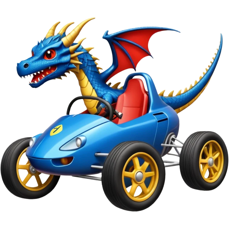 Special air-cooled three cylinder race car whose frame and suspension is made of shopping cart material with a large gas tank, and rear spoiler, is being professionally steered/driven by a small dark dragon  emoji