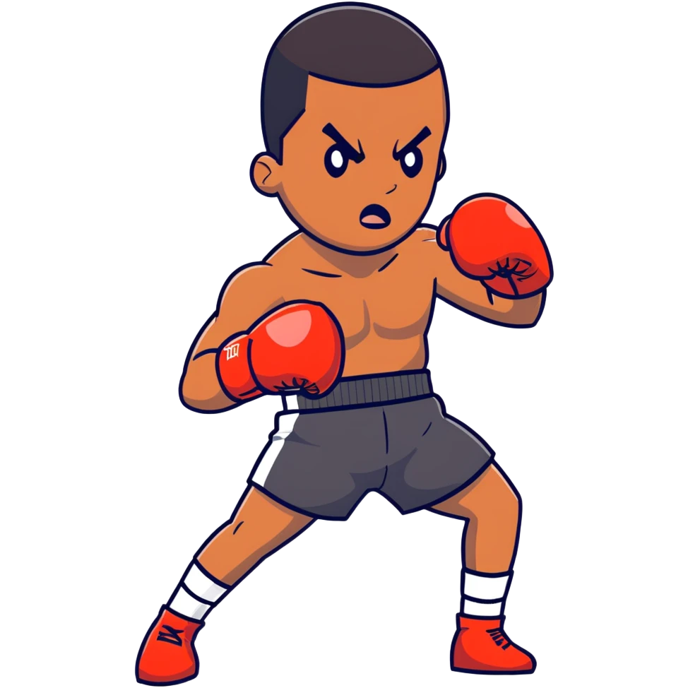 A determined 19-year-old Black male boxer throwing a punch, wearing boxing shorts and gloves emoji