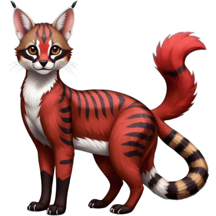 Vibrant-colored red-dark-brownish-furred colorful painted marked patterned Asian glorious divine exotic cute cool beautiful shiny beautiful fantasy-caracal-civet-genet-sergal-vernid-Cacomistle-oncilla-animal-Fakémon-hybrid-fursona (full body) emoji