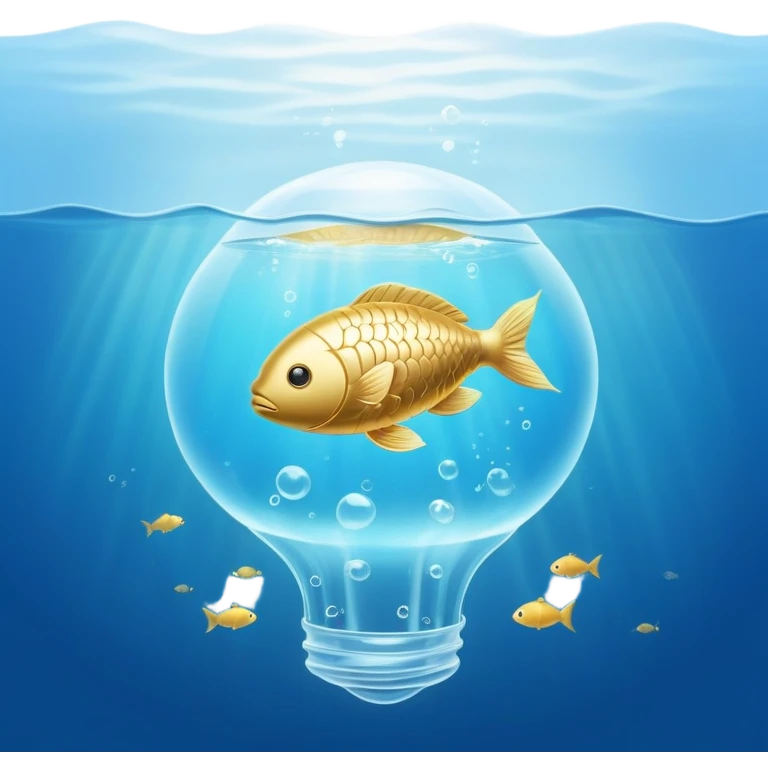 Golden capsule floating in gentle blue water currents, with a translucent fish swimming around a glowing brain. Soft light waves emanating from the brain creating a calming effect. The scene has an ethereal, dreamlike quality. emoji