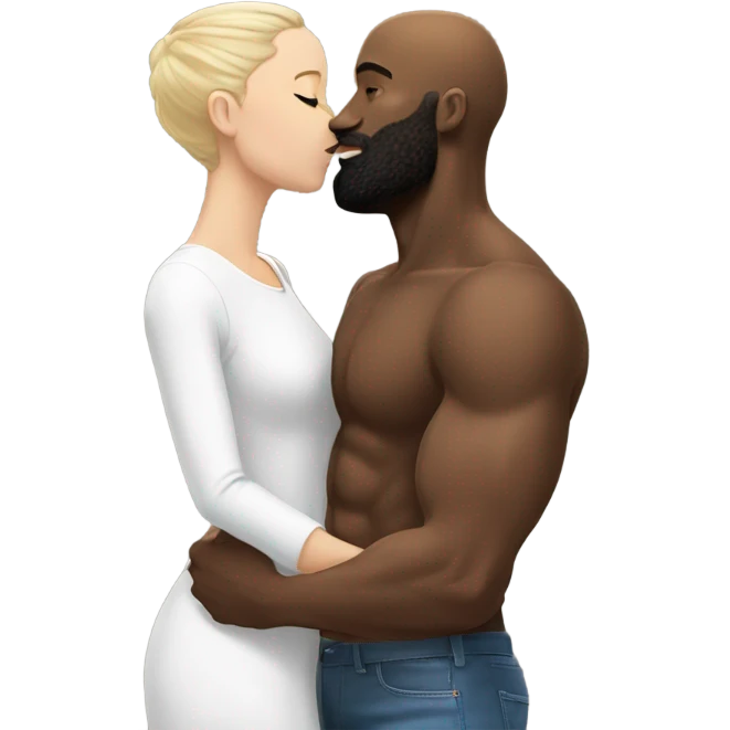 White brunette kissing muscular black bald man with beard emoji