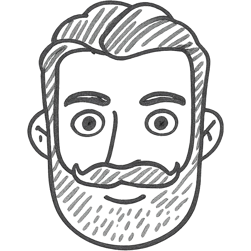 Make the beard less visible, just a hint of stubble, keep the style and background transparent in hand drawn icon style with no fill. emoji