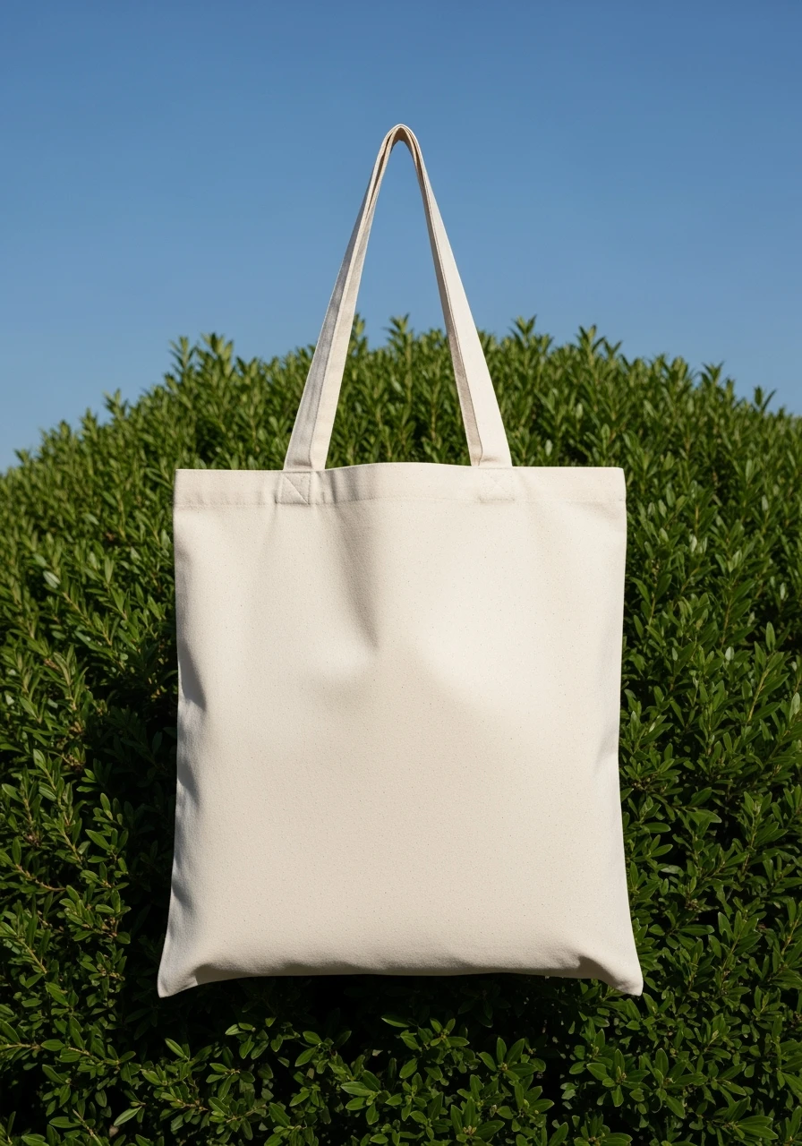 High-resolution mockup of a minimalist canvas tote bag, placed perfectly centered on the canvas. The tote bag is made of natural cotton fabric, light beige color, with a simple and elegant look. Background features a deep green organic bush, clean blue sky above, bright daylight, emoji