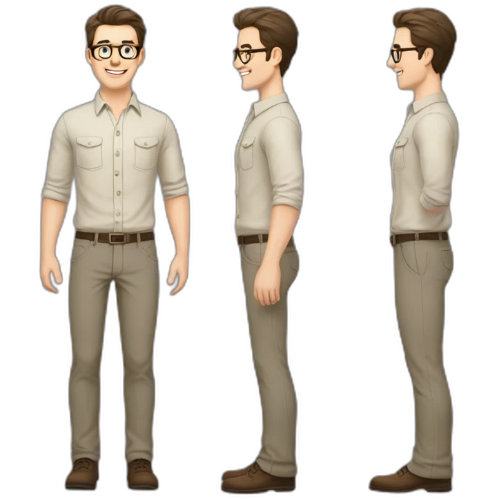 Joyful Full height Pale skinned Fit Man With dark brown hair in gray jacket, beige office shirt, Brown pants and vintage glasses. His thrumbs up emoji