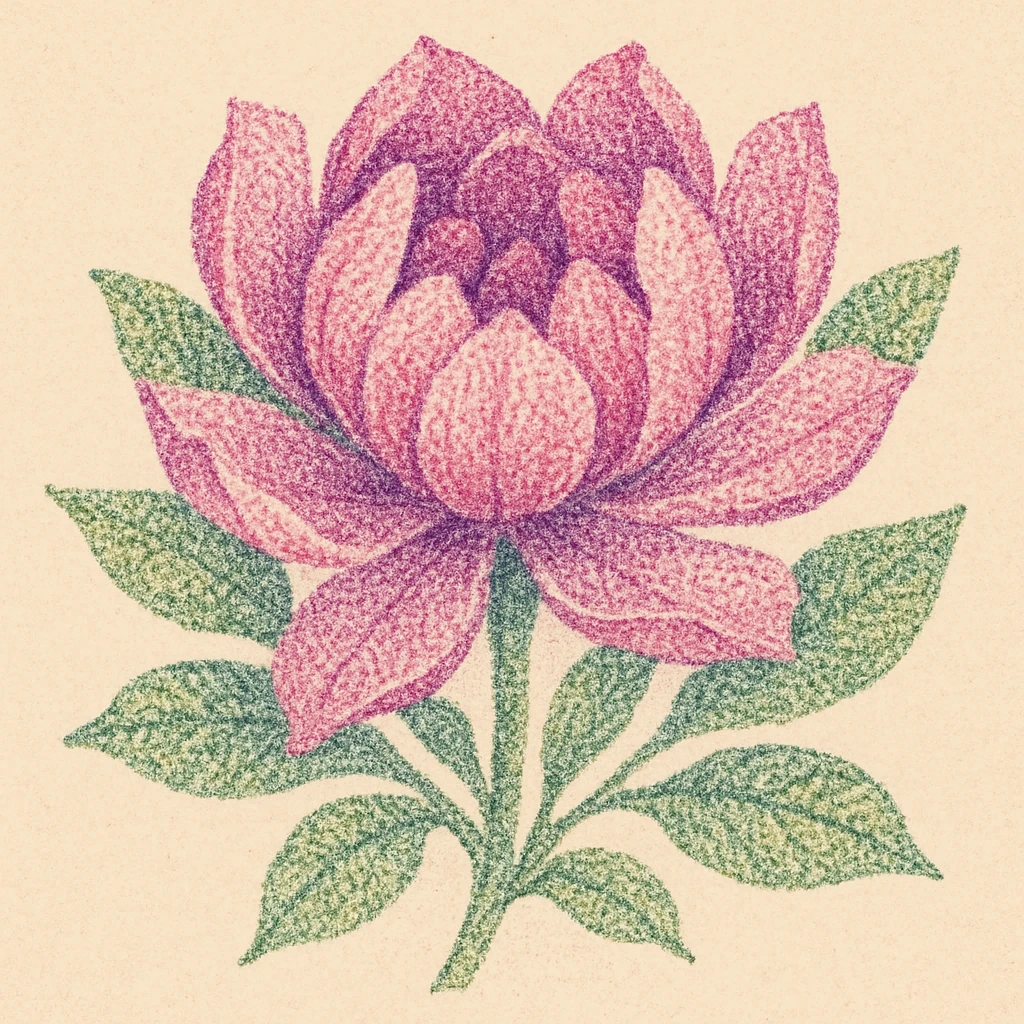 A blooming flower with petals unfolding, illustrated entirely with tiny dots in shades of pink, purple and green emoji