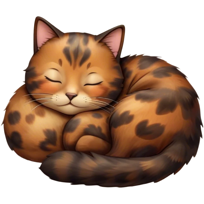 Meme-Worthy Cute Sleeping Tortoiseshell Cat Portrait Emoji, Head resting with a serene, sleepy smile and softly closed, dreamy eyes, showcasing a warm, mottled fur of rich browns and blacks, simplified yet adorably detailed, glowing with a gentle, drowsy radiance, high shine, exuding relaxed, heart-melting charm, styled with a soft glowing outline, capturing the essence of a sleeping tortoiseshell cat that radiates pure, peaceful cuteness! emoji