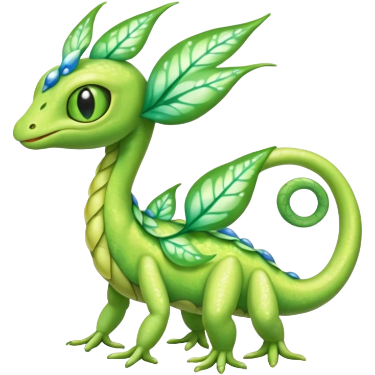 Sparkly White And Green Natural Flowery Colorful Grovyle-Caterpie-Celebi-Fakémon-hybrid-creature (full body)  emoji