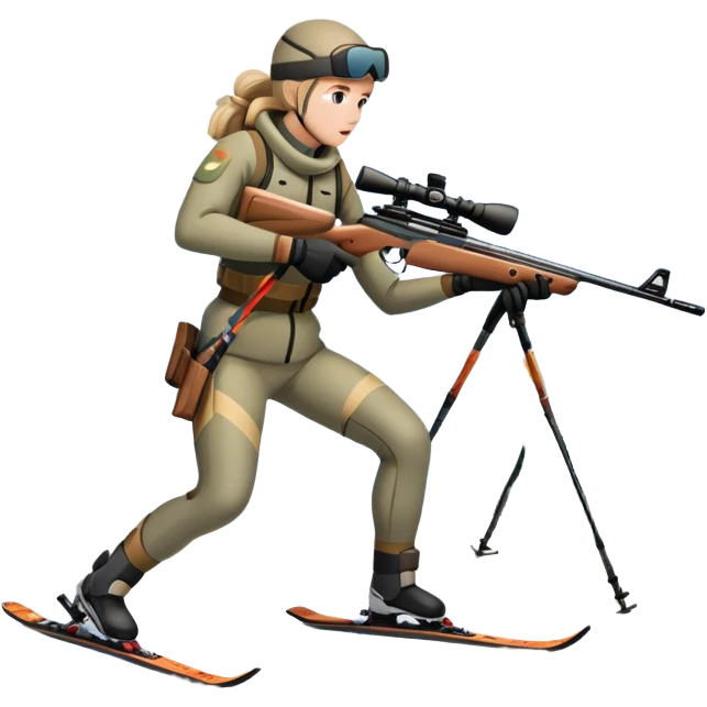 An icon showing a snowy landscape with pine trees, mountains, and a clear sky with a biathlete aiming a rifle in the foreground, wearing winter gear and skis. Transparent background emphasizes the precision, endurance, and beauty of this winter sport. emoji