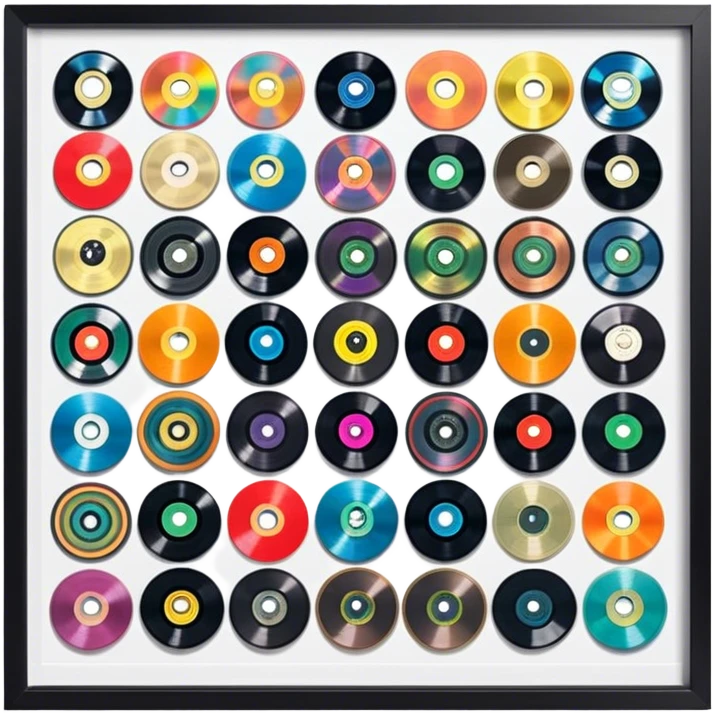 Icon for Vinyl Record Collecting: colorful vinyl records in decorative packaging featuring artist images, neatly arranged on a wall or shelf. The icon should reflect the aesthetic and artistic aspect of collecting vinyl records. Transparent background. emoji