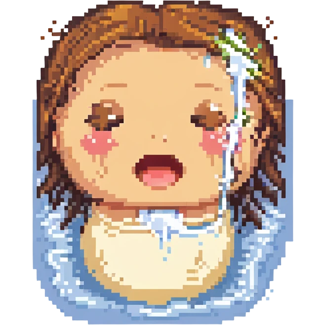 iOS-inspired moaning face emoji, pixel art style, eyes closed, milk splashed across face, simple background emoji