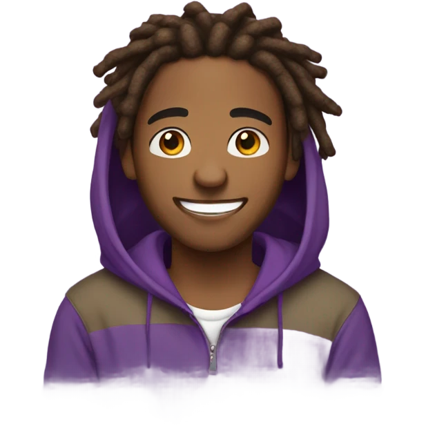 Brown boy with brown dreads and facial hair in purple hoodie smiling emoji